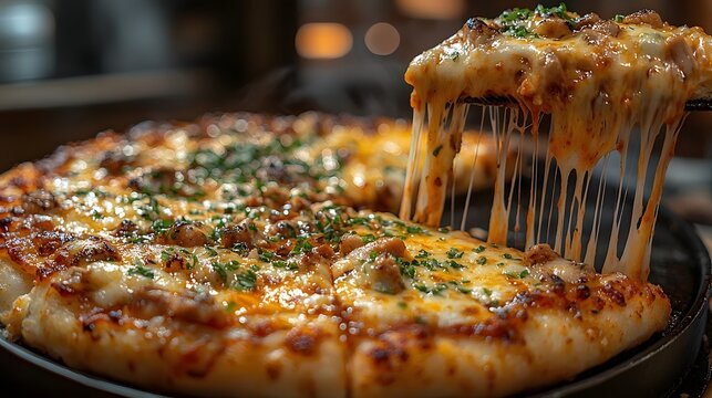 Thick cheesy BBQ chicken pizza with melted cheese strings