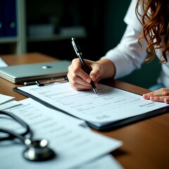 Close-up shot of nurse writing on clipboard, filling medical form in clinic. Healthcare worker holding pen, documenting patient data for report. Medical insurance and documentation.