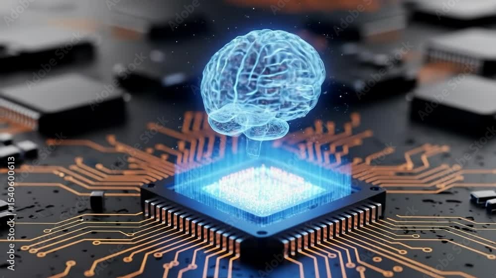 Poster a glowing blue brain hovers above a computer microchip on a circuit board