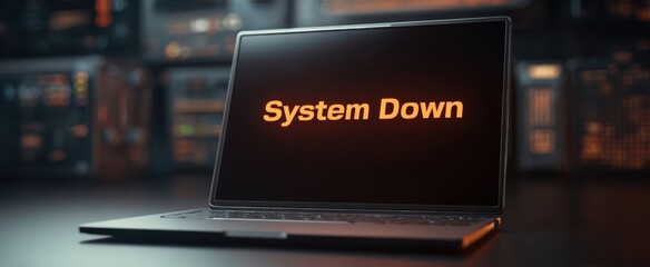 The laptop displaying a bold "System Down" error message on its screen.