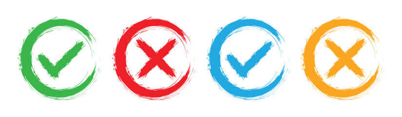Fototapeta premium Set hand drawn check mark, tick and cross brush signs, checkmark OK and X icons, symbols YES and NO button, sketch checkmarks, - stock vector.