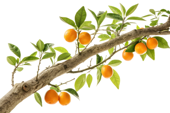 Branch of orange tree with fruits isolated on white or transparent background