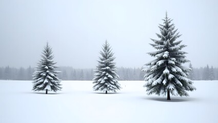 Fototapeta premium Snowy Pine Trees in Serene Winter Landscape under Gray Sky