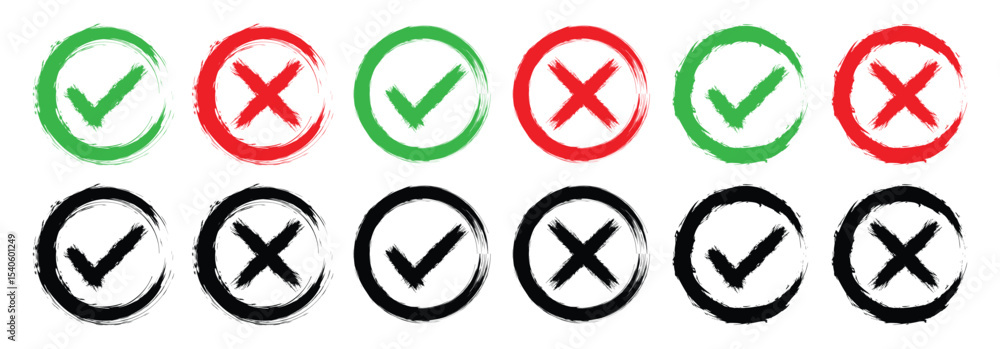 Poster check mark and cross signs. checkmark with circle chalk drawn. check mark and red cross in grunge st
