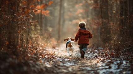  Child and Dog Walking in Autumn Forest Trail