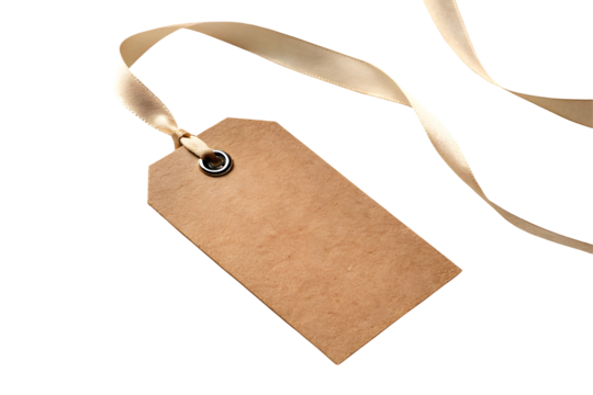 Brown paper gift tag with golden silk ribbon band isolated on white or transparent  background