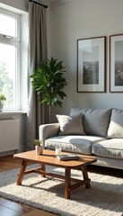 Grey sofa, wooden coffee table, bright living room, simple, decor