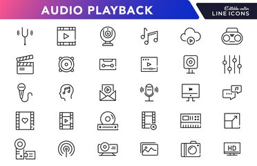 Audio playback linear icon set. Sound, multimedia, volume, Media Control, video, microphone, Music, voice, media and player outline vector icon set. UI thin line icon pack.