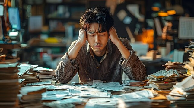 Stressed businessman surrounded by financial paperwork in office