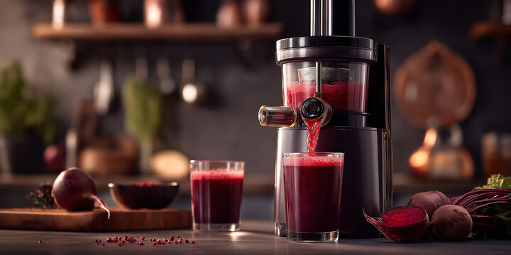 Beets being juiced in a modern cold press juicer with vibrant liquid pouring into a glass, side view with kitchen details. - Powered by Adobe