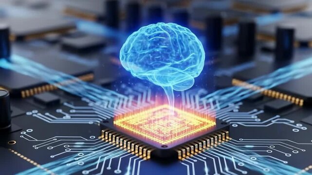 A glowing blue brain hovers above a computer chip on a circuit board