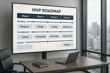 Minimalist M V P Roadmap Displayed on Large Screen in Modern Office Setting with Laptop and Notebook