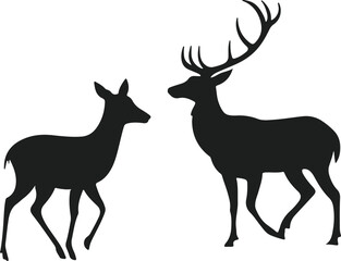Silhouettes of male and female deer facing each other on white background
