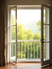 An open window on the balcony. Large window frame with light background. Ventilation of the room in summer in hot weather