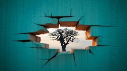 A majestic baobab tree seen through a cracked turquoise wall evokes resilience and hope amidst...