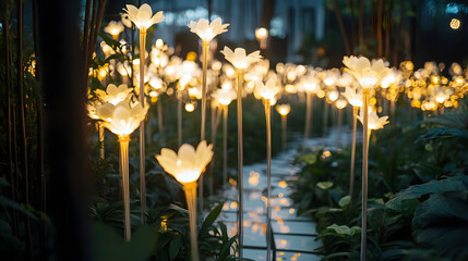 Garden Path Lined with Glowing White LED Flowers