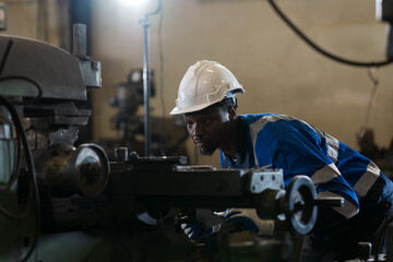 Industry factory, machine. Engineer worker, maintain, repair mechanism of operation of lathe machine in factory