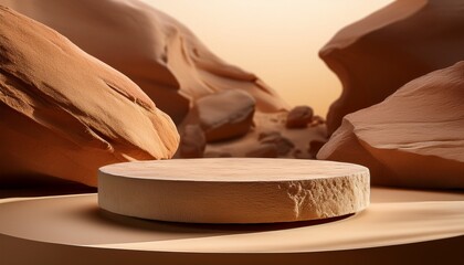 round stone display platform with sandy texture placed among rugged rock formations and soft natural lighting ideal for earthy product presentations