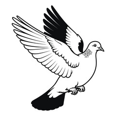 Fototapeta premium Black and White Illustration of a Dove in Flight Wings Spread Wide Detailed Feathers Elegant