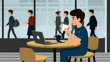 Man in cafe using a laptop and drinking coffee with people walking by cartoon illustration