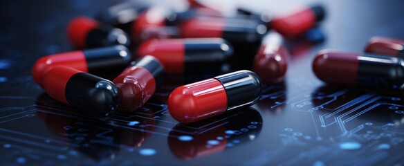 The collection of red and black capsules on a digital circuit background.