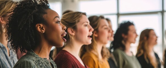 Obraz premium The women singing in harmony during a vocal rehearsal in a bright studio.