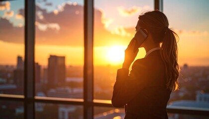 Obraz na płótnie Canvas Businesswoman sunset call city view.