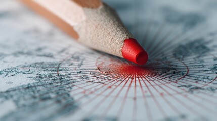 Red Colored Pencil Centered on Radial Graph with Detailed Map Background for Artistic Inspiration