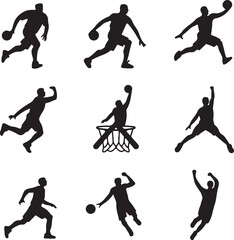 Set of Black Basketball Player Silhouettes on White Background Dribbling, Shooting, Dunking, Passing, Defending, Layup, Jump Shot, Slam Dunk, Blocking, and Clean Vector Design, Flat Sports Icon