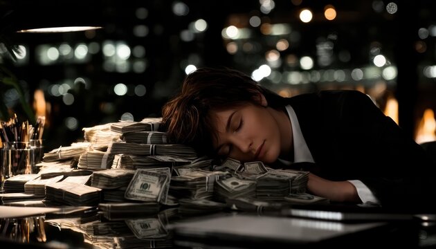 A young person, asleep, rests their head on a pile of money