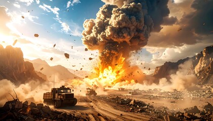 Explosion with Desert War, Vehicles, and Smoke.