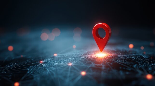 Glowing Red Location Pin Above Digital Landscape with Abstract Network Connections and Light Effects