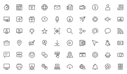 Social media line icon set. Post, like, video, media, chat, people, communication, business, and promote outline icon collection