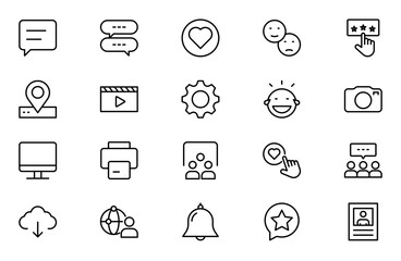 Social media line icon set. Post, like, video, media, chat, people, communication, business, and promote outline icon collection