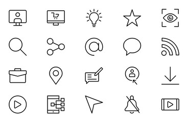 Social media line icon set. Post, like, video, media, chat, people, communication, business, and promote outline icon collection