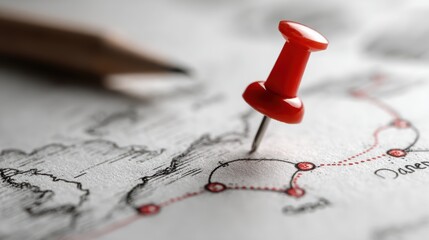 Red Pin on Pencil Sketched Roadmap Illustrating Business Paths and Opportunities for Creative Projects