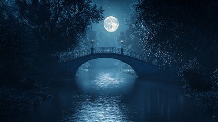 Enchanting Night Scene with a Moonlit Bridge Over a Calm River Surrounded by Mist-Laden Trees and Soft Glow of Lanterns, Capturing a Serene Atmosphere of Nature