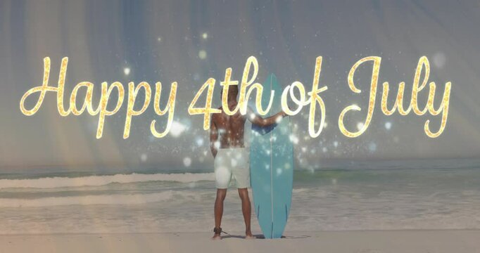 Surfer standing on beach witnessing sparkling Happy 4th of July greeting animating social media ad