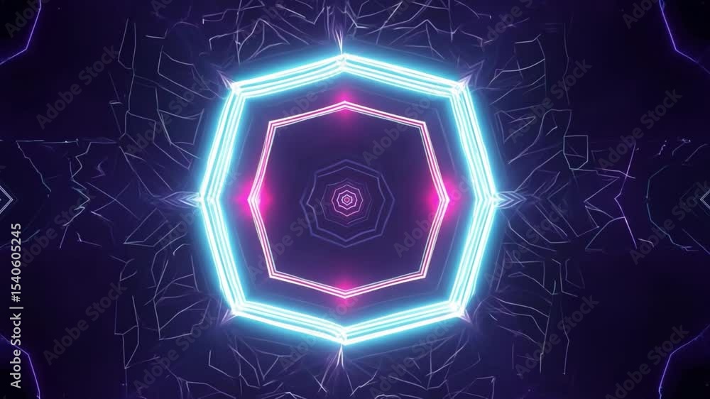 Poster abstract geometric neon light pattern with glowing edges in a dark background creating a futuristic 