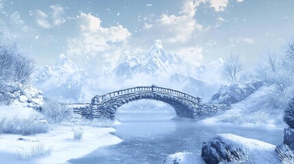Serene Winter Landscape Featuring Snowy Mountains, Tranquil River, and Elegant Stone Bridge Under Soft Snowflakes in a Winter Wonderland