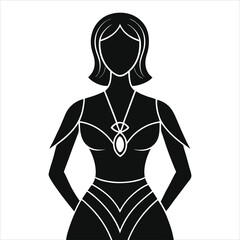 (pendants)Elegant Female Vector Silhouette in Formal Attire with Ornate Jewelry/A stylized, black silhouette of a woman in elegant formal attire.