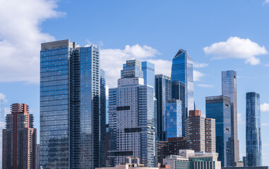 Hudson Yard development wtih skyscrapers, offices and apartment buildings seen from Manhattan Cruise terminal