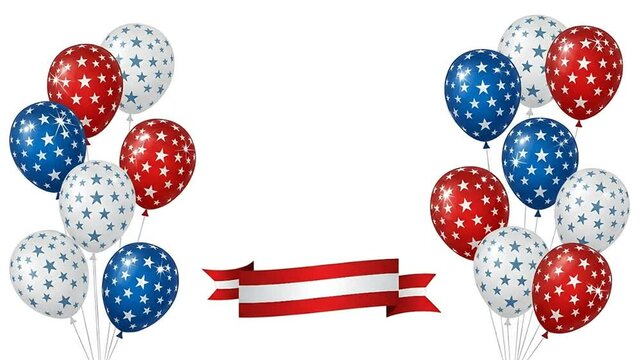 Patriotic Red, White, and Blue Balloons with Stars and Ribbon Banner for 4th of July. USA Holiday Celebration Animated Background with Ample Copy Space.