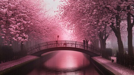 Serene Cherry Blossom Lane with Vibrant Pink Trees Framing a Peaceful Canal and Charming Bridge Under a Soft Misty Atmosphere