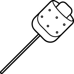 Black and white line art illustration of a roasted marshmallow on a stick depicting a campfire treat dessert