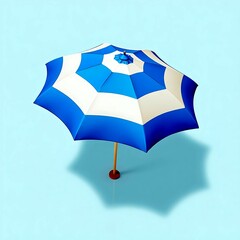Top view of a striped blue and white beach umbrella isolated on transparent background.