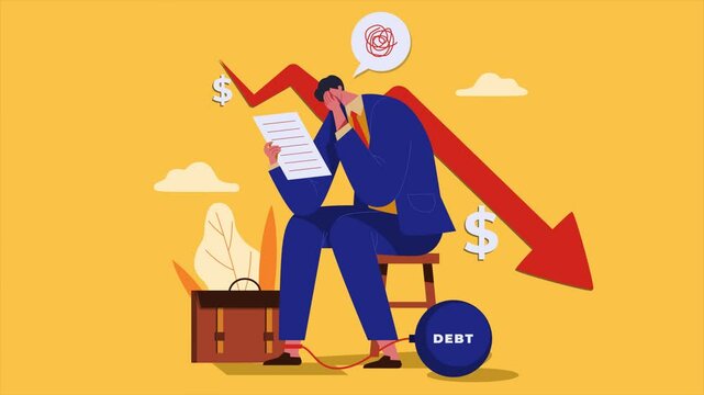 man sits worried about his debts, bankruptcy, economic crisis animation 4k