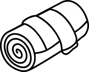 Rolled up camping sleeping pad icon in black and white with straps for outdoor adventures and travel © FATEMA