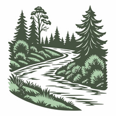 Serene forest landscape illustration featuring a winding river surrounded by trees bushes and greenery evoking nature and tranquility.