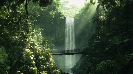 Serene Waterfall in Lush Tropical Jungle with Sunlight Filtering Through the Trees and a Bridge Crossing Over a Peaceful Stream